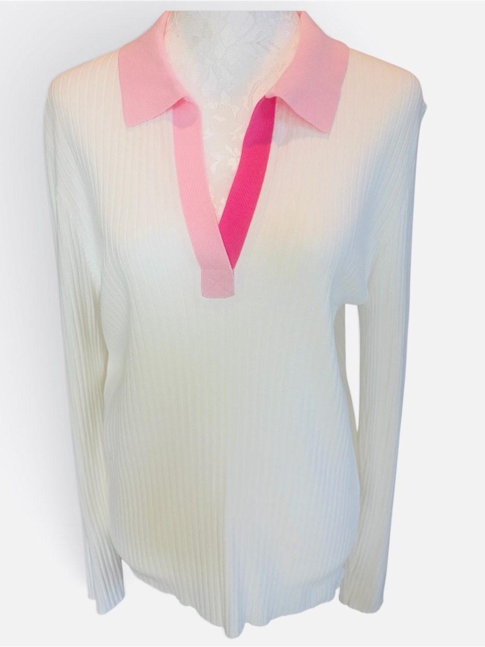 J.McLaughlin Michaela Sweater XL White Pink Ribbed Polo Preppy